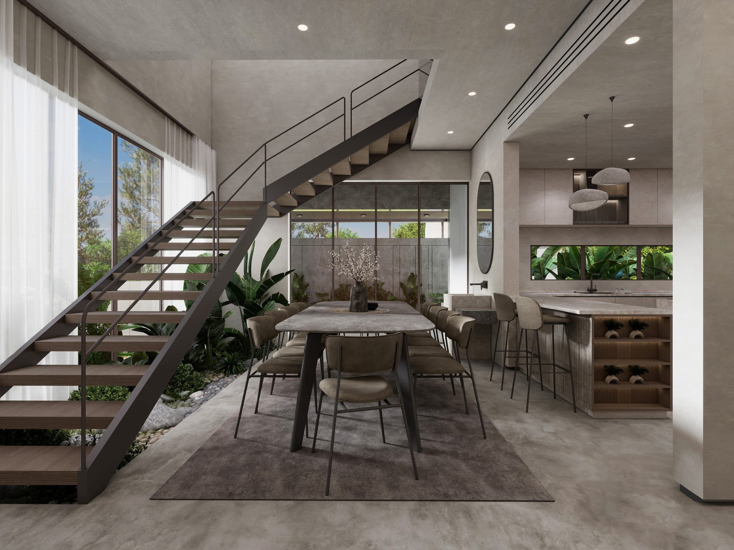 Double-height dining space with an open-tread timber stair rising past full-height glazing, and a planted courtyard beyond
