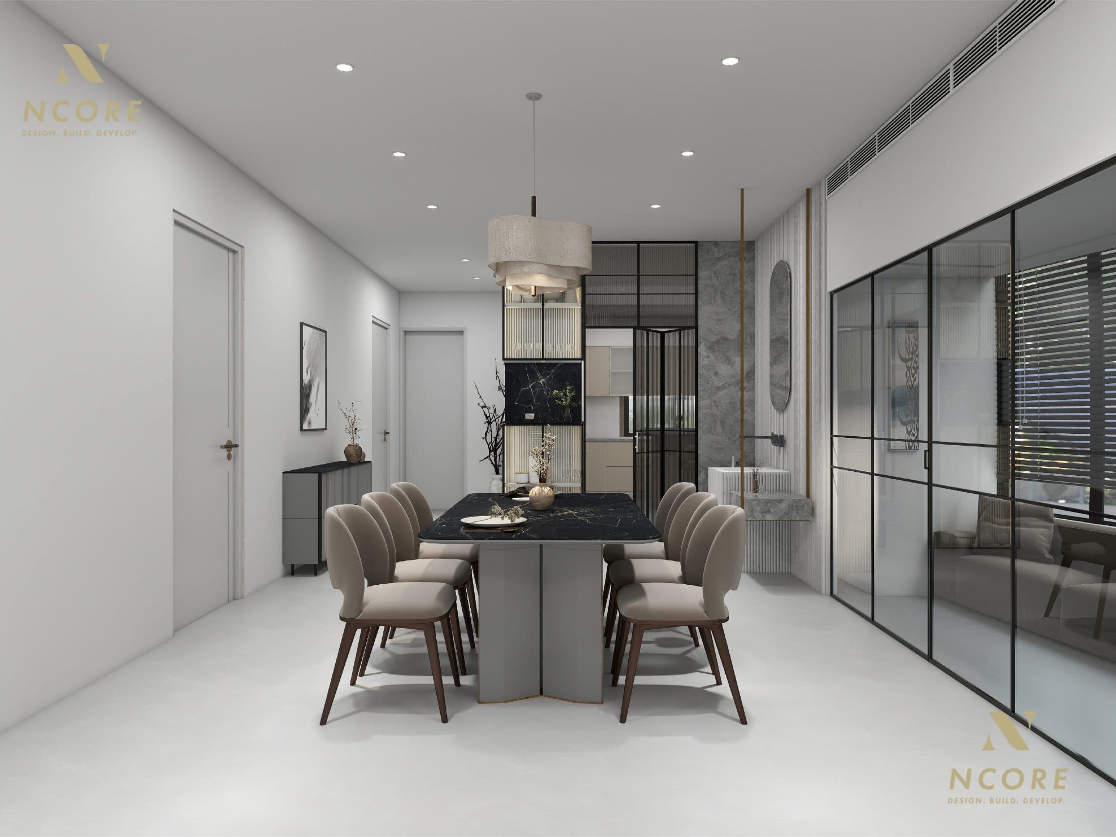 Dining room with a black marble table beneath a linen drum pendant, framed by reeded glass screens