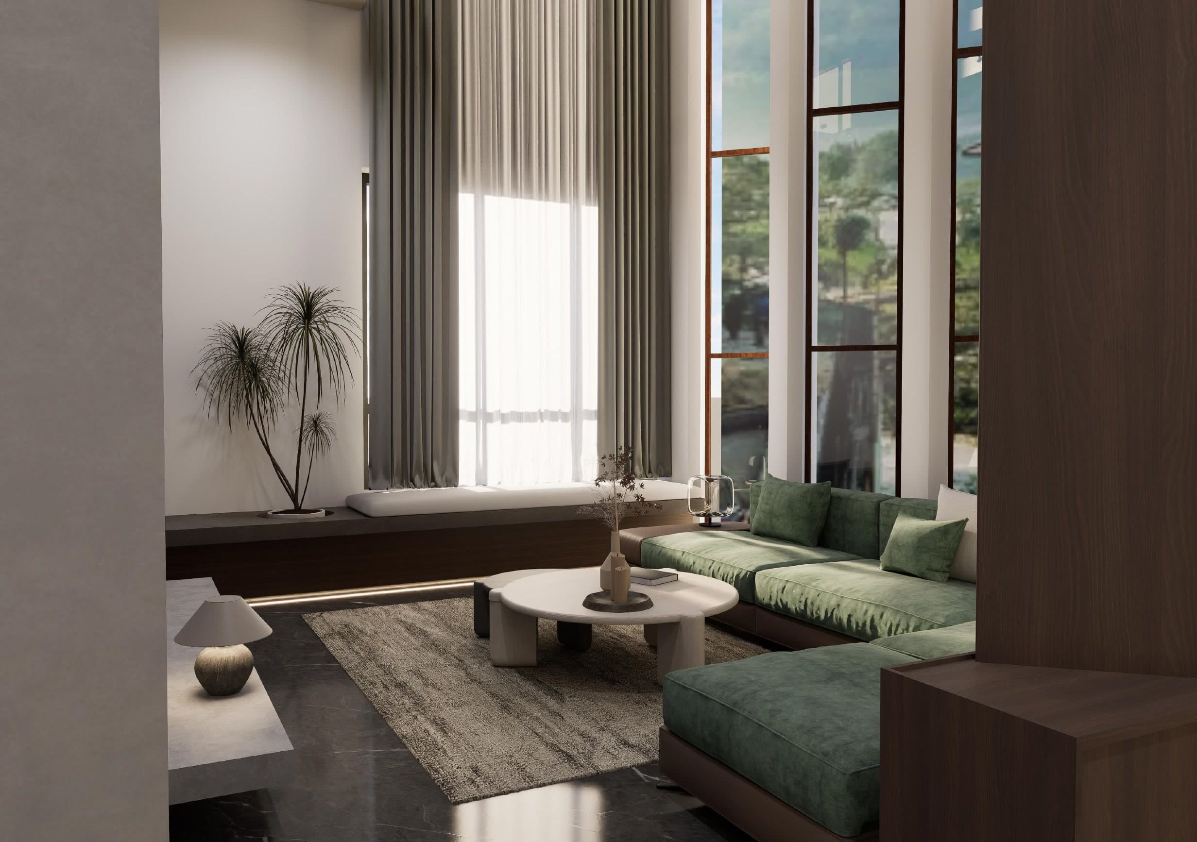 Double-height living room with a deep green velvet sofa below full-height steel-framed glazing, and a built-in window seat along the side wall