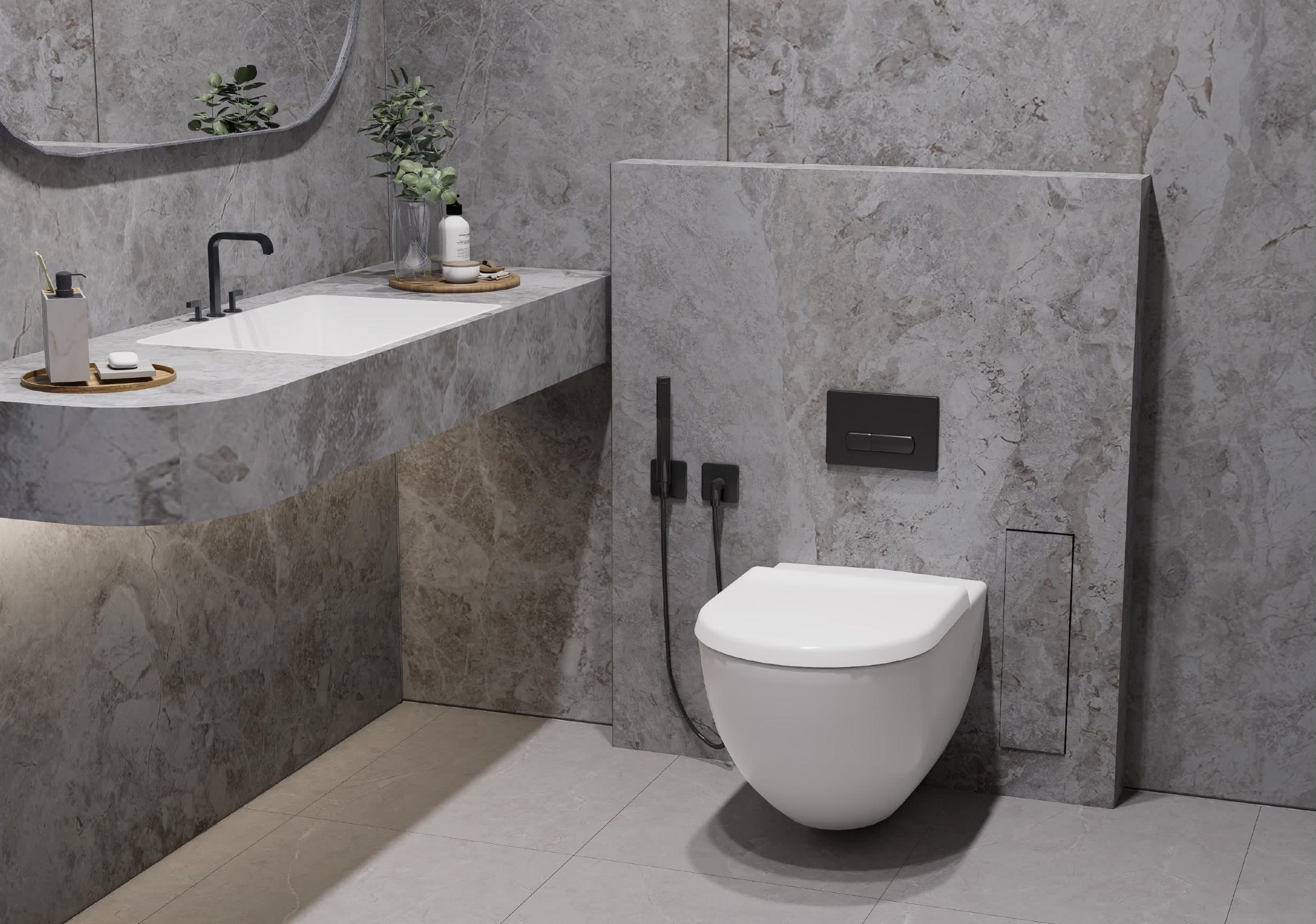 The same bathroom, its stone vanity lit from beneath, beside a wall-hung WC on a marble partition