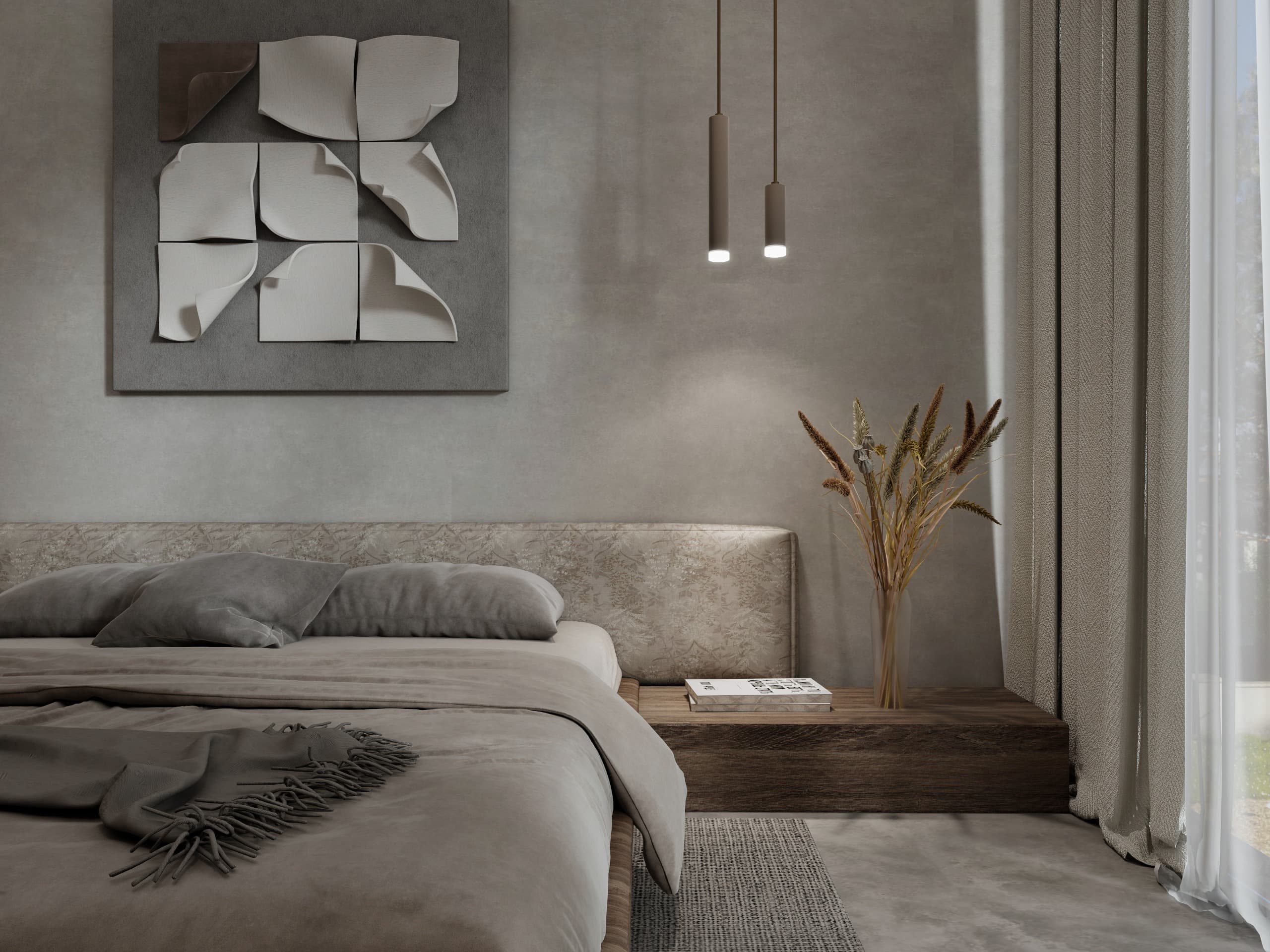 Bedroom with a nine-panel plaster relief above a long patterned headboard, lit by a pair of cylinder pendants