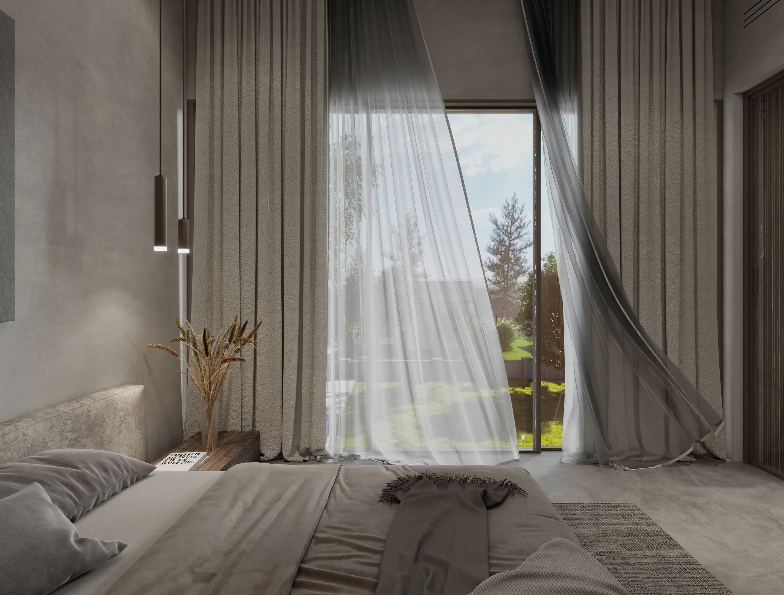 Bedroom looking out through a full-height window, sheer curtains drawn back off the garden