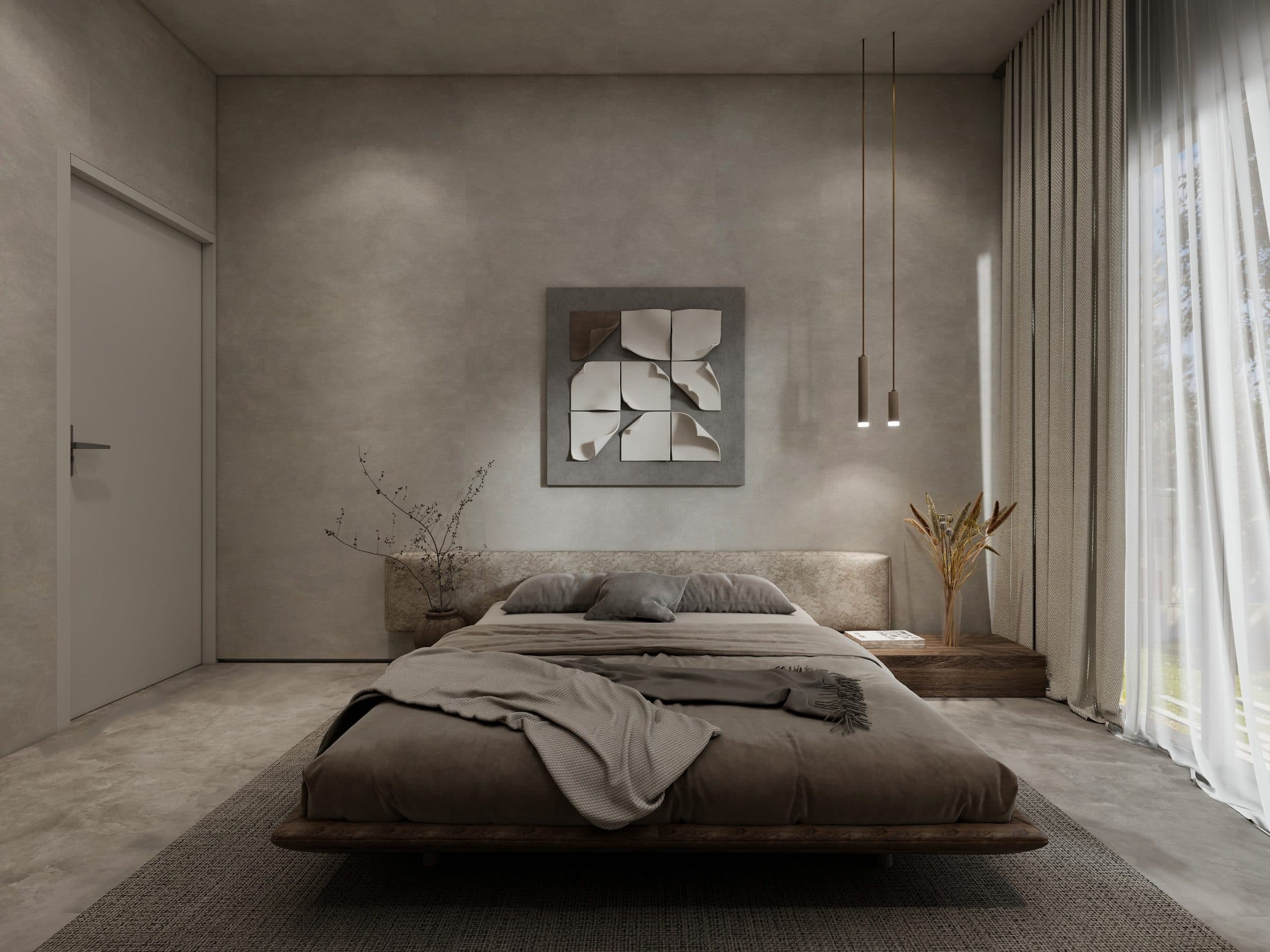 Bedroom with an upholstered headboard, sculptural relief panel and slim pendant lights beside sheer curtains
