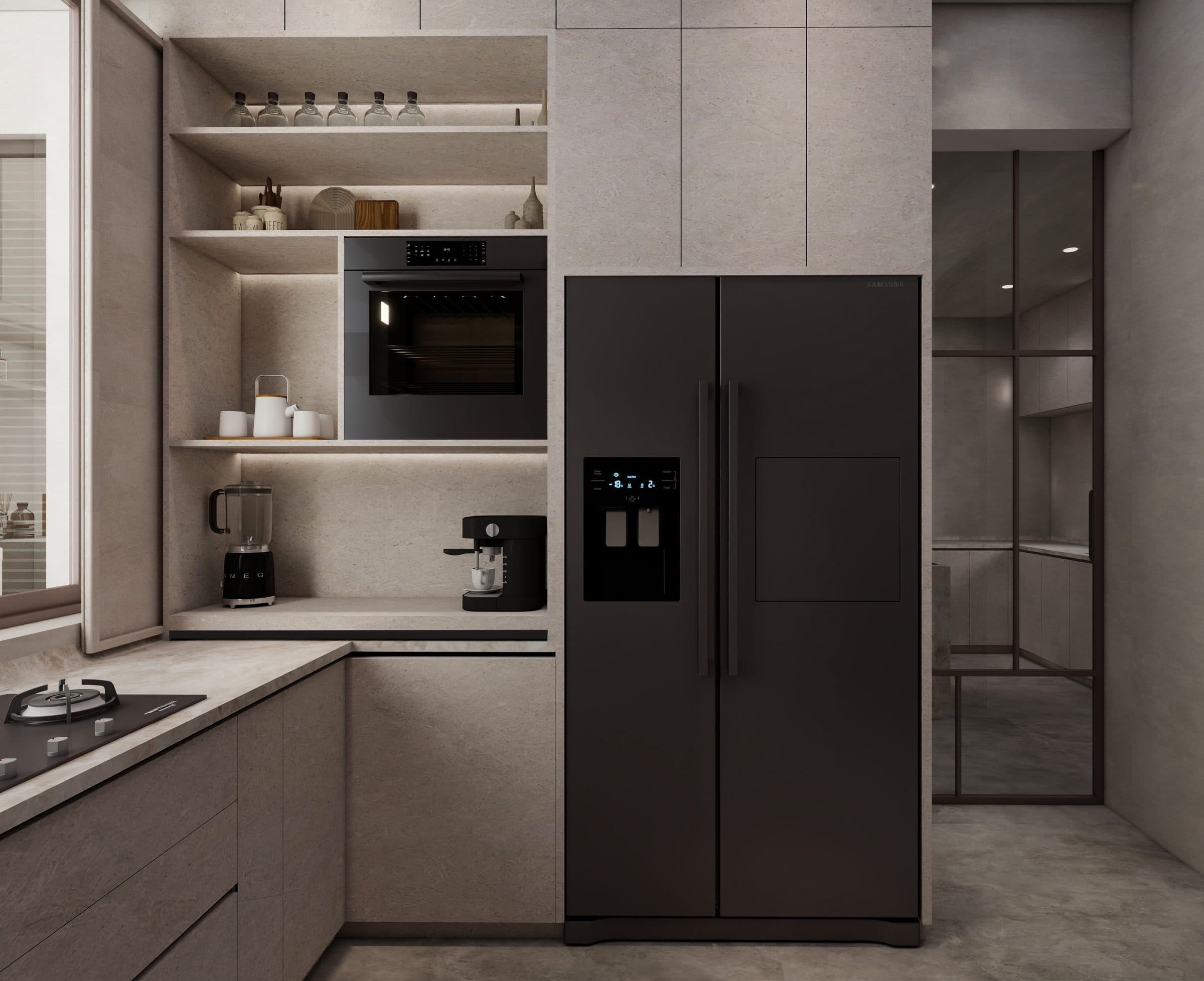 Kitchen work zone with tall stone-faced units, backlit open shelving and integrated appliances