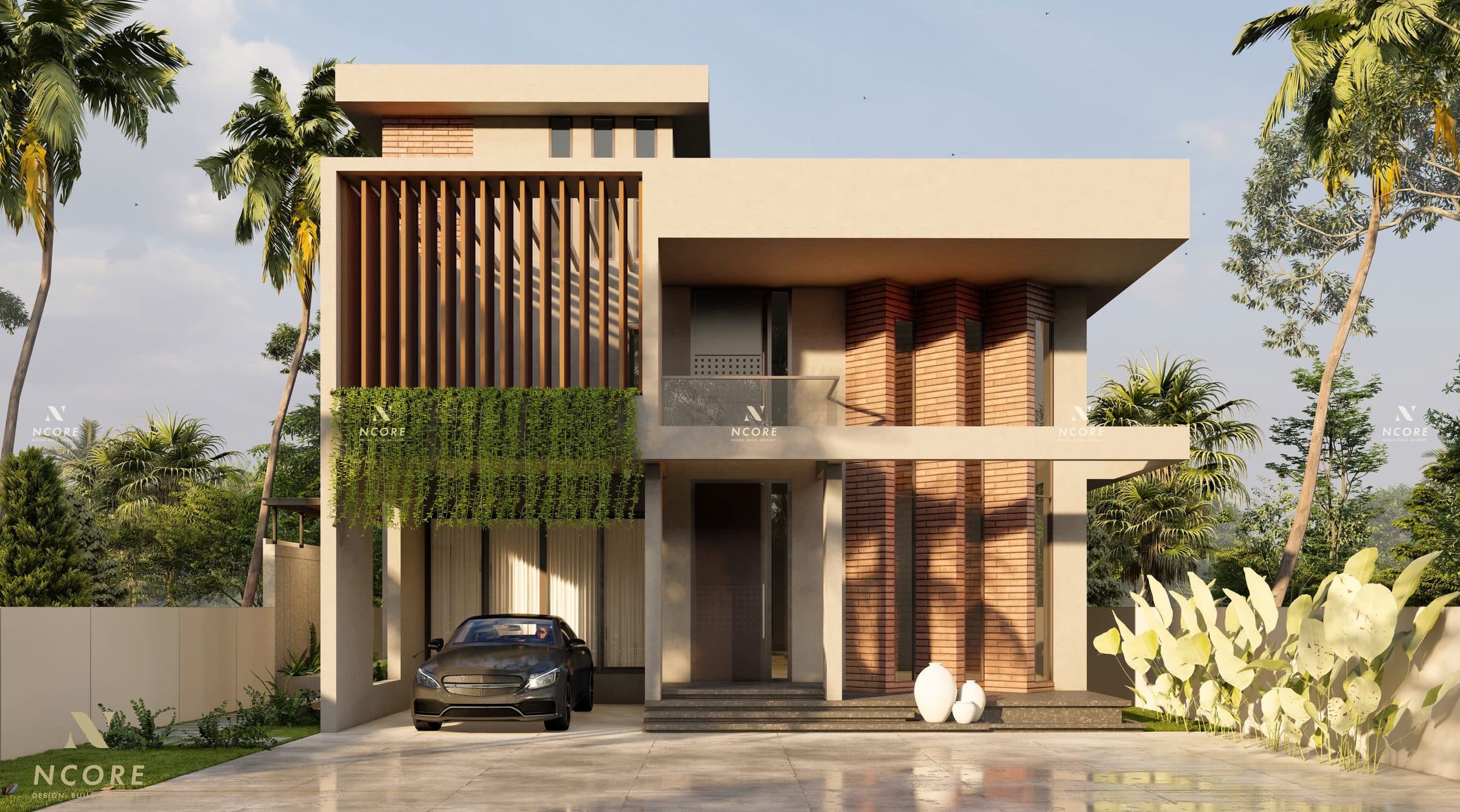 Front elevation in beige plaster with a panel of exposed brick fins, a timber-louvred screen over the car porch and a deep flat roof slab
