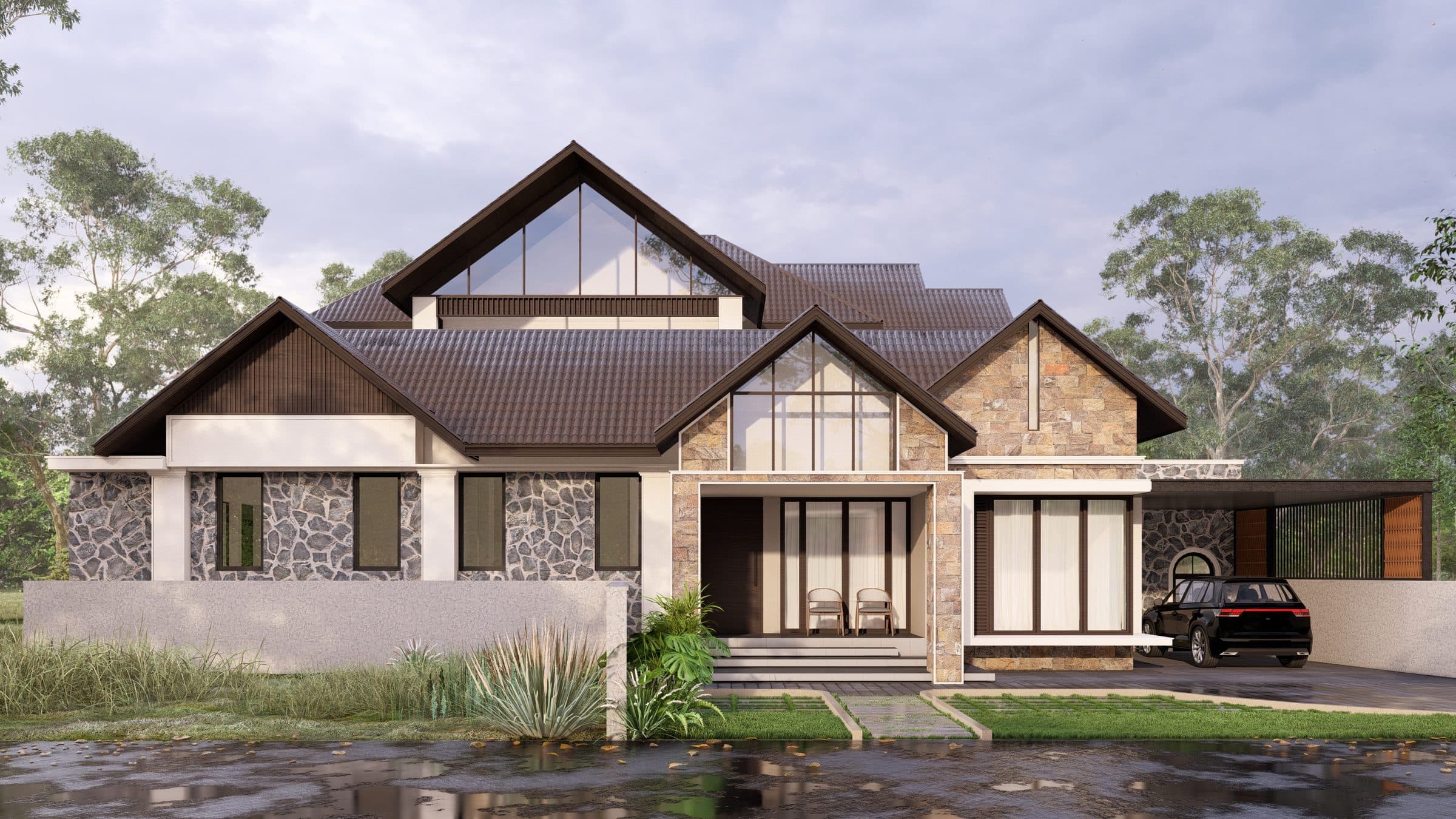Four pitched roofs stepping across the frontage, glazed to the ridge above a rough rubble stone base