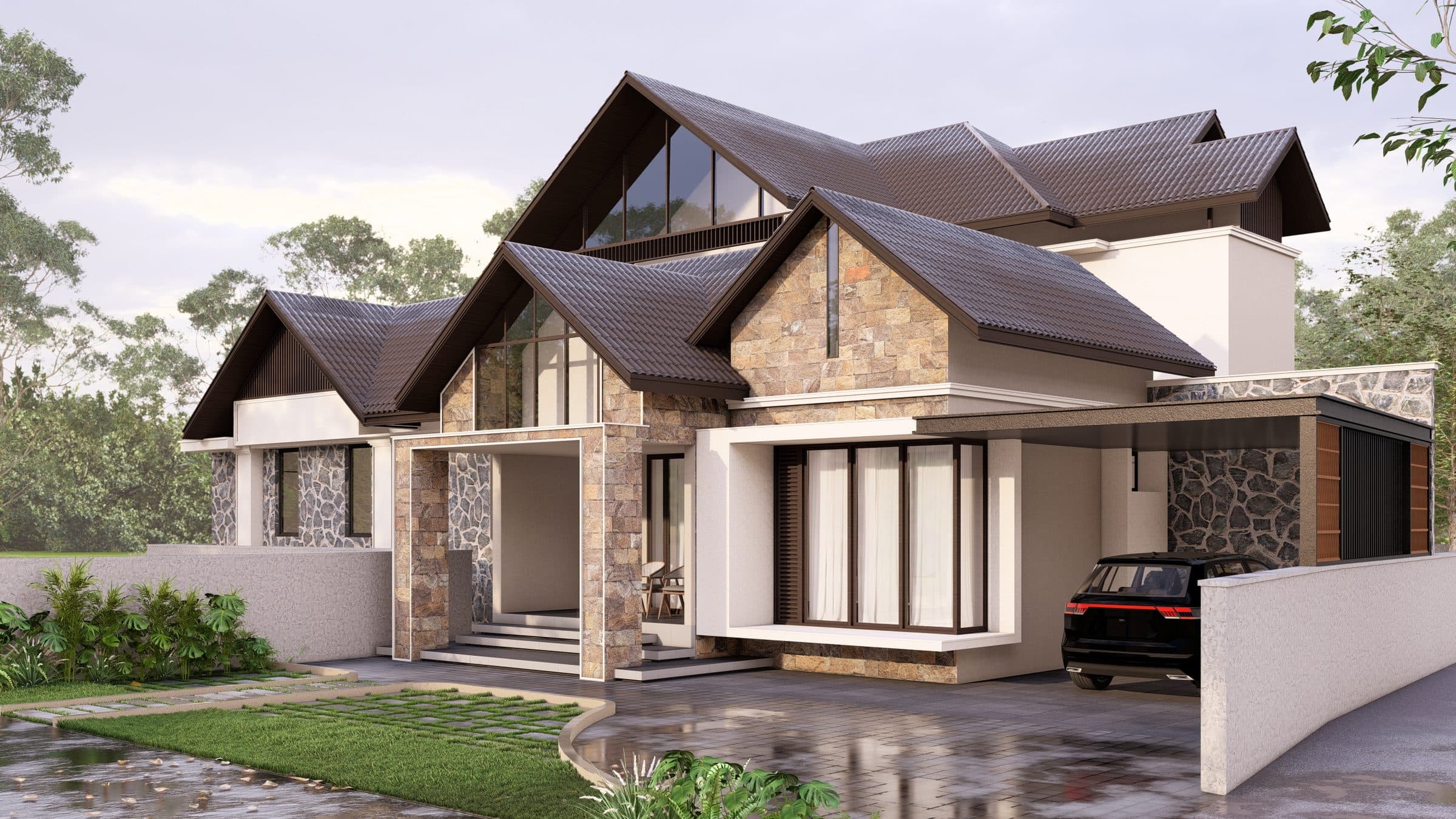 The same house from an angle, the recessed stone entrance portal and the car porch continuing the roofline
