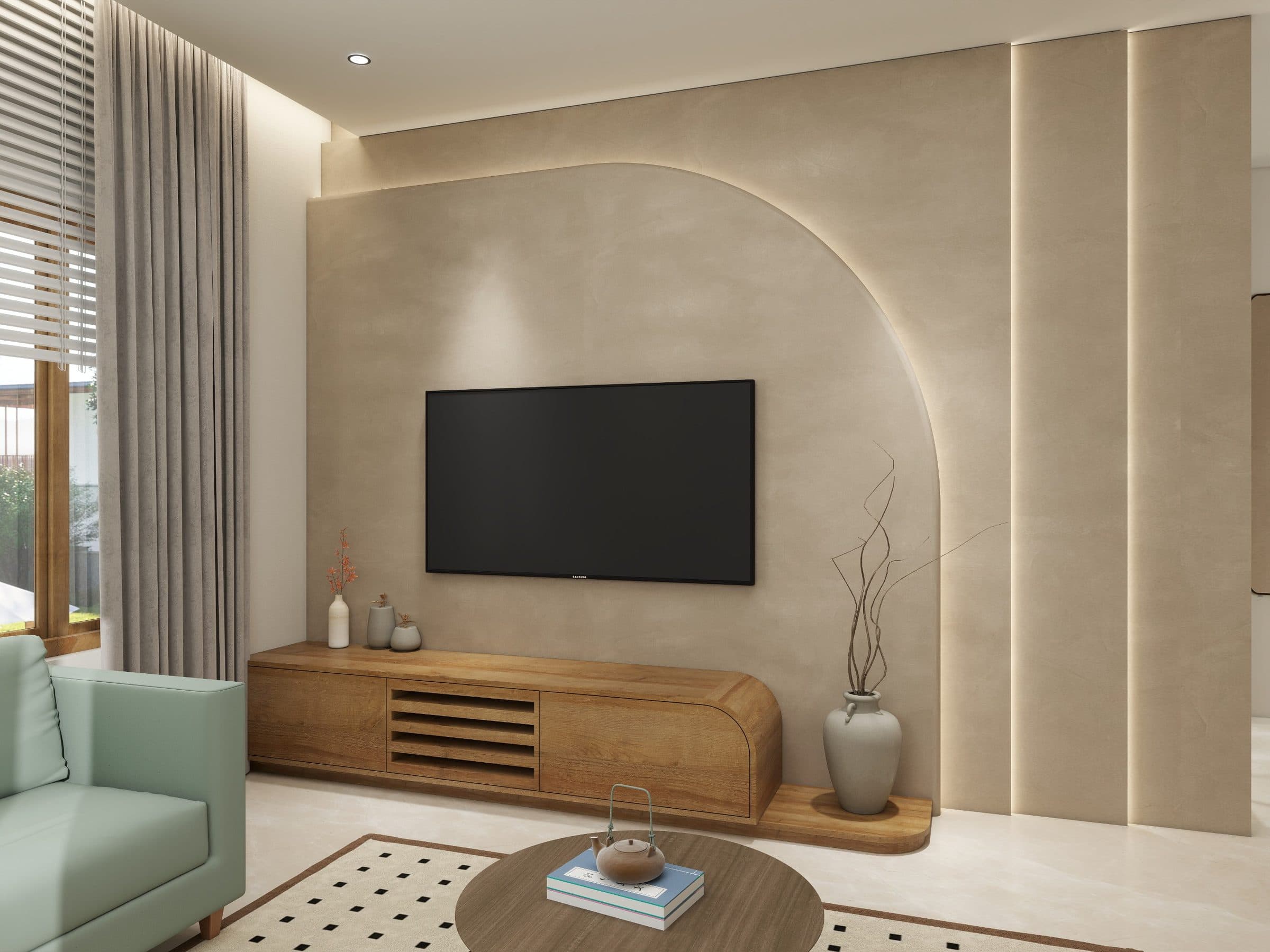 Backlit arched microcement wall behind a wall-mounted television, above a curved oak media console