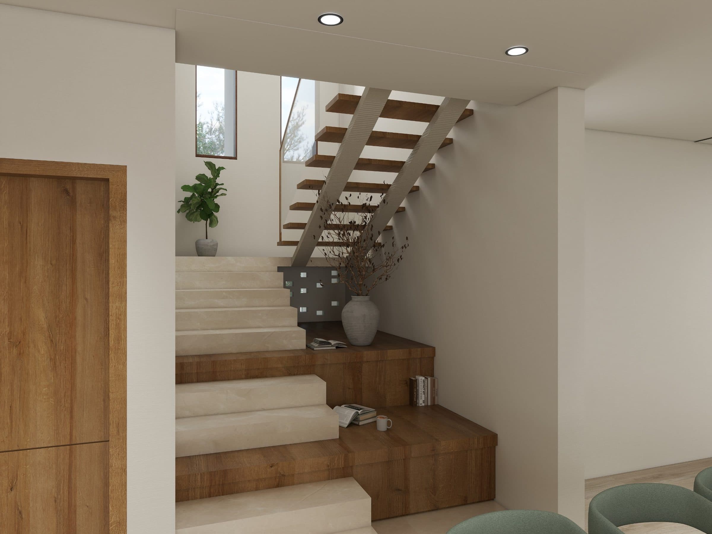 Stair hall combining travertine treads with solid oak risers, rising past a floating flight above