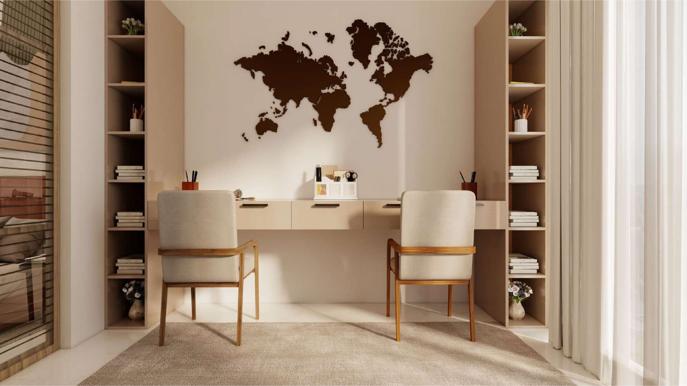 Shared study with a run of desk for two between full-height shelving, under a timber world map