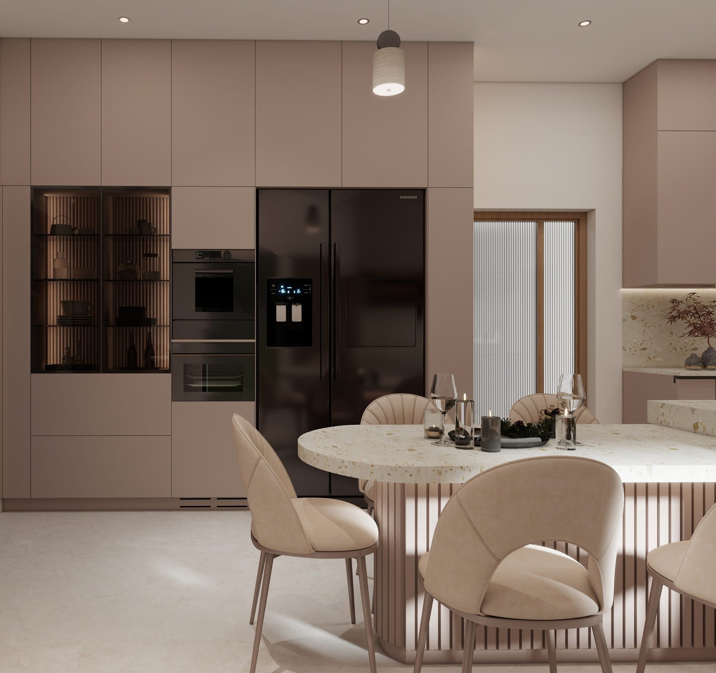 Kitchen and dining seen together, terrazzo table and blush chairs against a run of tall lacquered units