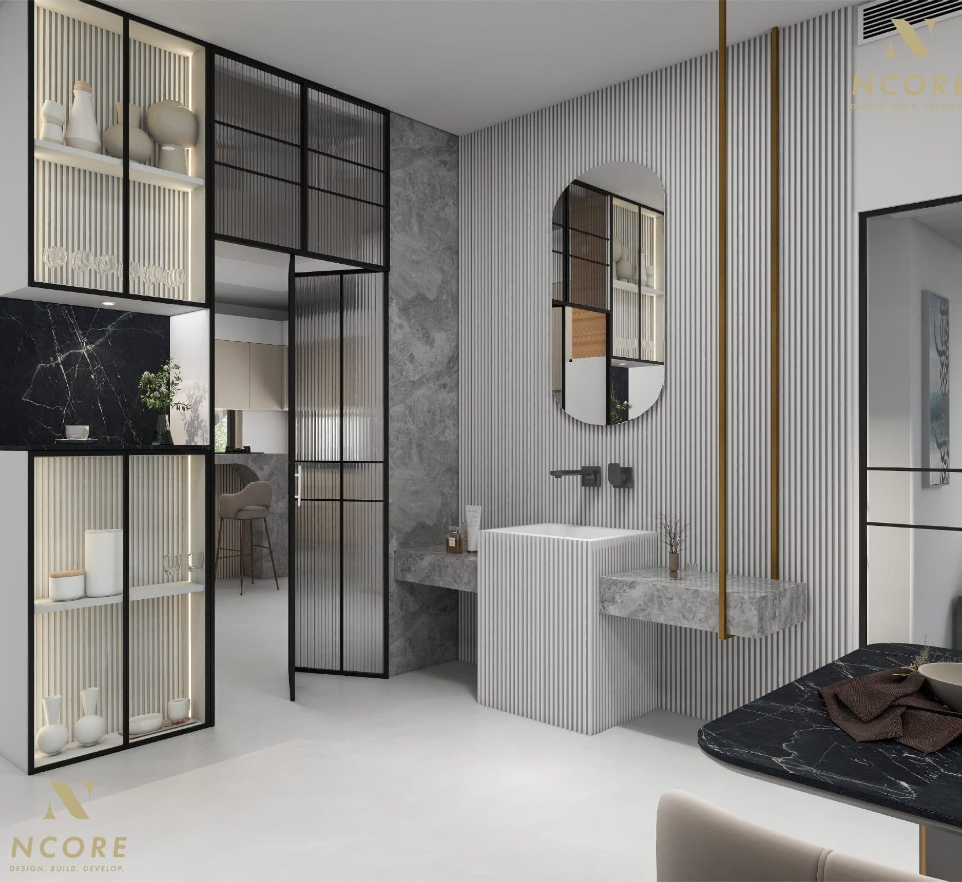 Backlit display shelving in black framing, with a fluted basin set against fluted wall panelling