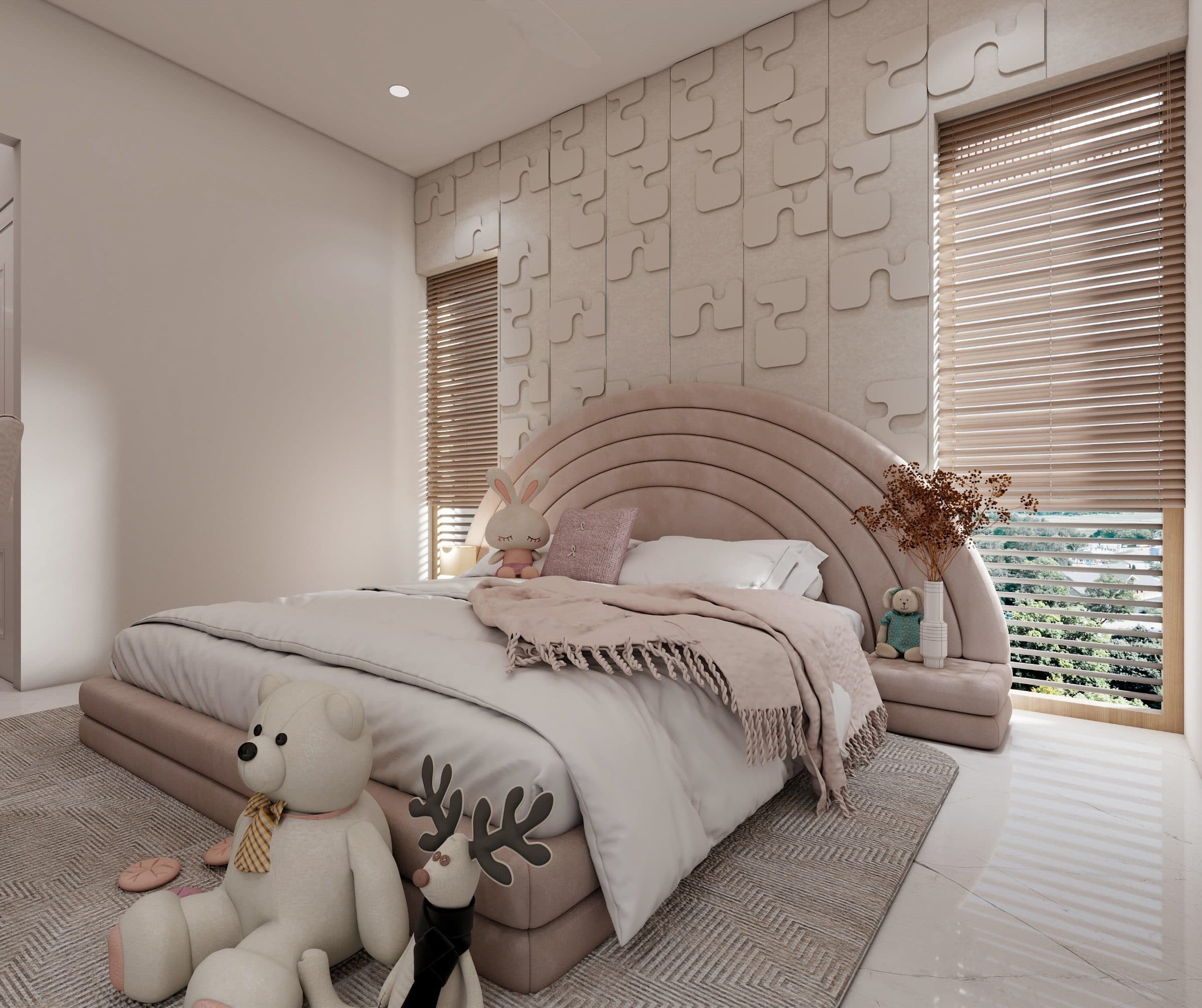 Children's bedroom with a blush rainbow headboard against a wall of interlocking relief tiles