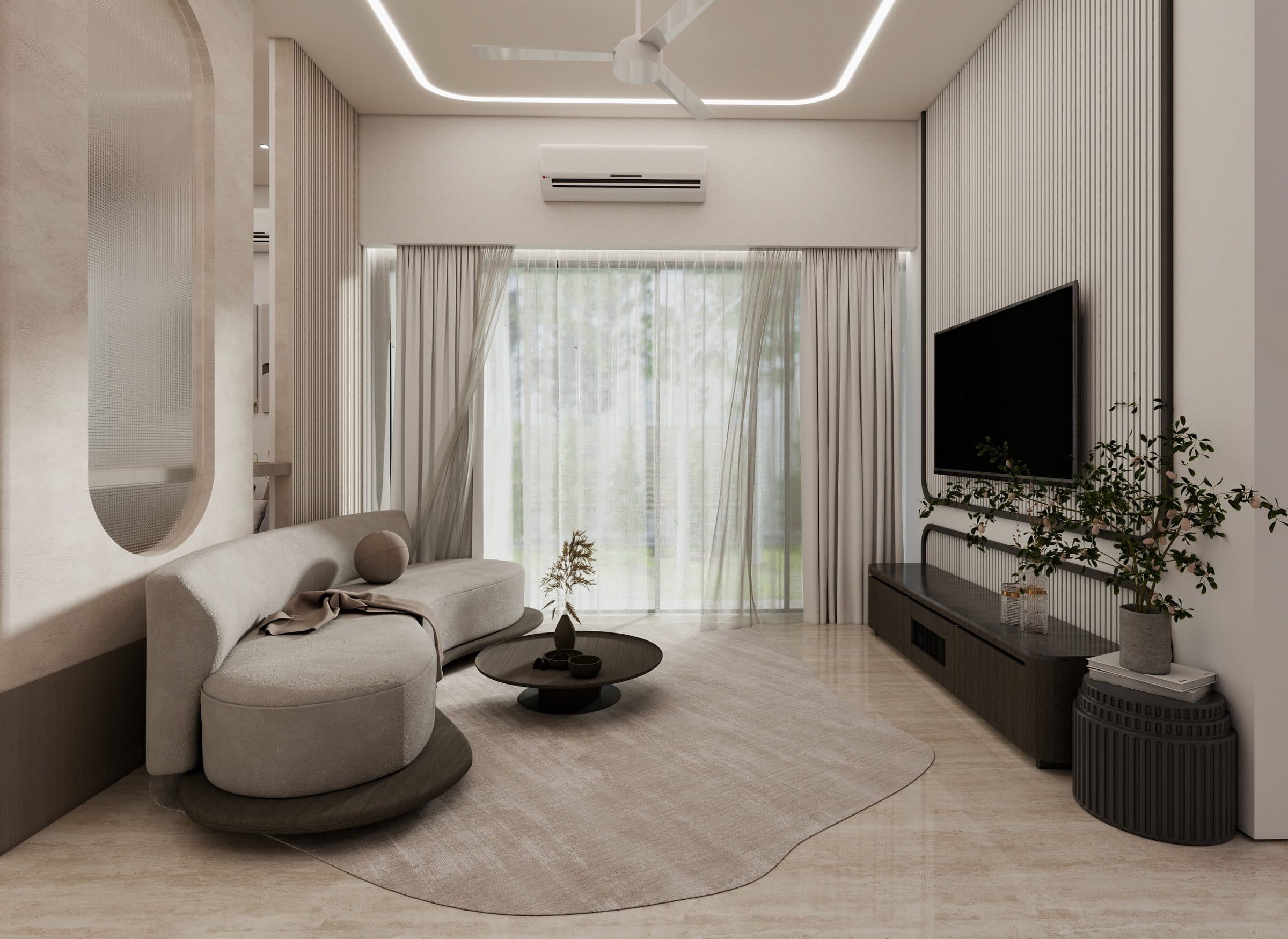 Living room with a curved bouclé sofa on a dark timber plinth, facing the television wall and garden glazing