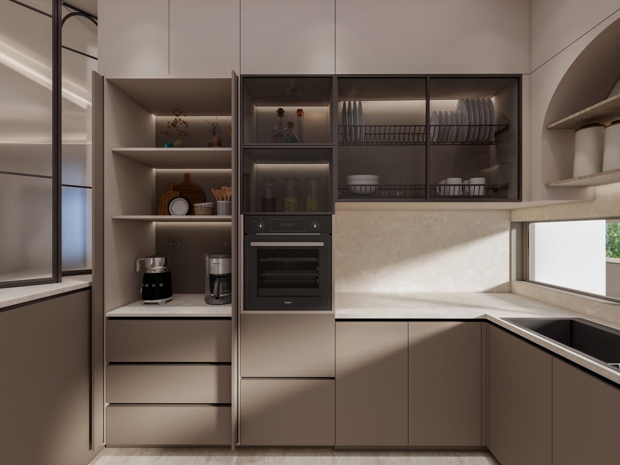 Kitchen with taupe joinery, backlit open shelving and smoked glass wall cabinets