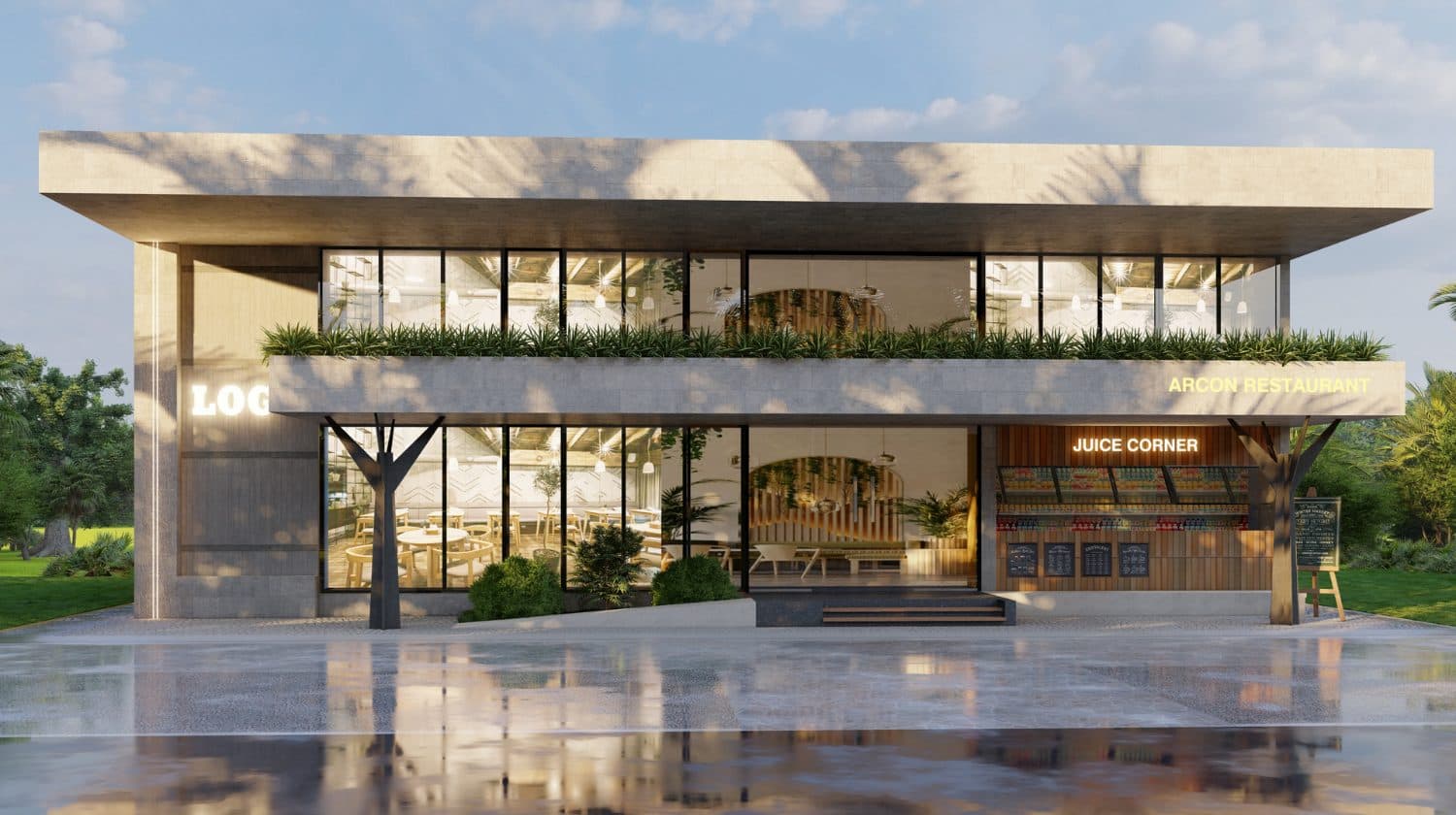 Two-storey restaurant in pale limestone, its upper floor glazed behind a planted band and its ground floor sheltered by a deep soffit on branching columns